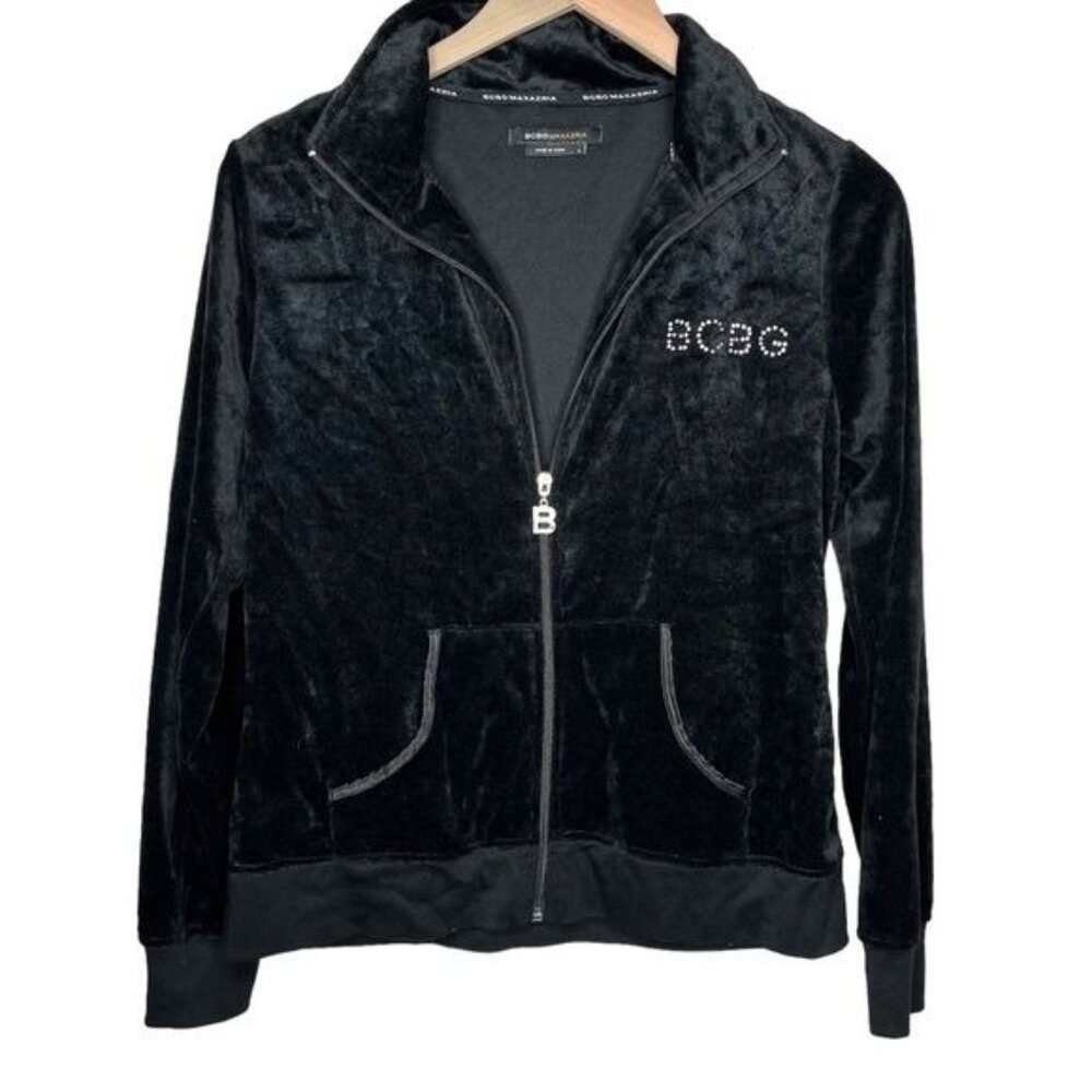 BCBGmaxazria y2k black velvet bling rhinestone zip up track suit jacket large